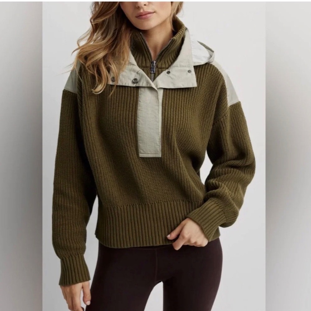 Varley Carter Half‎ Zip True Knit Hoodie Olive Green Tan Mixed Media Womens M